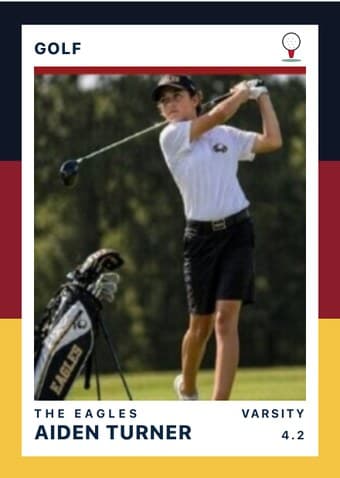 Golf card in the Triple Split design — three stacked color bands down the left edge, the photo on a white field, and the name and details across the footer