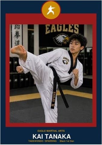 Karate card in the Circle Badge design — a round sport badge centered at the top, the photo in a bordered frame below, and the name and position centered underneath