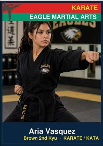 Karate card in the Classic design — a color banner across the top, the photo below it, and the name and details on a dark footer bar
