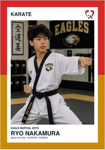 Karate card in the Split Halves design — a border split into two colors top and bottom, the photo centered between them, and the name and details on a white footer