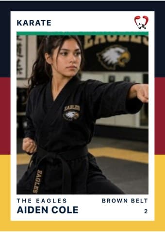 Karate card in the Triple Split design — three stacked color bands down the left edge, the photo on a white field, and the name and details across the footer