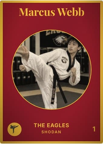 Karate card in the Vintage Card design — an aged photo in a gold-ringed circular window on a deep crimson card, with the name in a serif face arched across the top