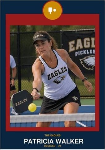 Pickleball card in the Circle Badge design — a round sport badge centered at the top, the photo in a bordered frame below, and the name and position centered underneath