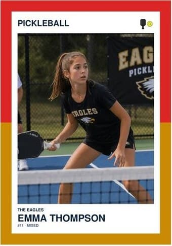Pickleball card in the Split Halves design — a border split into two colors top and bottom, the photo centered between them, and the name and details on a white footer
