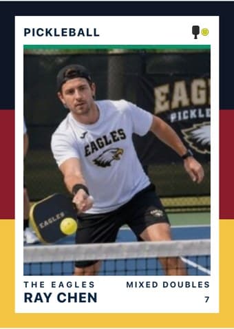 Pickleball card in the Triple Split design — three stacked color bands down the left edge, the photo on a white field, and the name and details across the footer