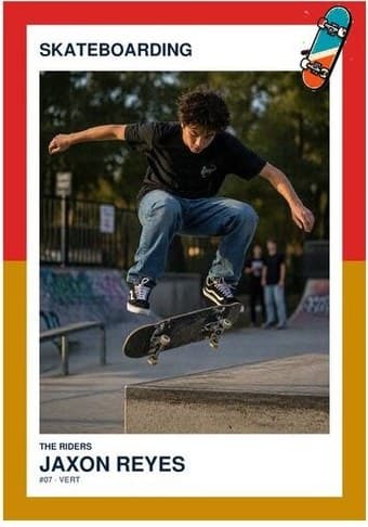 Skateboarding card in the Split Halves design — a border split into two colors top and bottom, the photo centered between them, and the name and details on a white footer