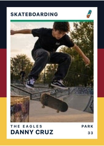 Skateboarding card in the Triple Split design — three stacked color bands down the left edge, the photo on a white field, and the name and details across the footer
