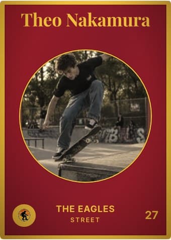 Skateboarding card in the Vintage Card design — an aged photo in a gold-ringed circular window on a deep crimson card, with the name in a serif face arched across the top