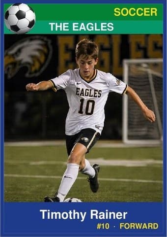 Soccer card in the Classic design — a color banner across the top, the photo below it, and the name and details on a dark footer bar