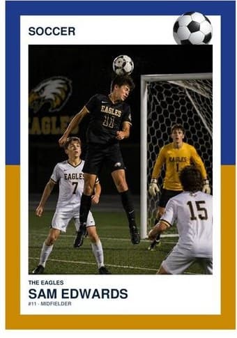Soccer card in the Split Halves design — a border split into two colors top and bottom, the photo centered between them, and the name and details on a white footer