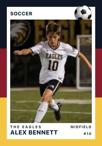 Soccer card in the Triple Split design — three stacked color bands down the left edge, the photo on a white field, and the name and details across the footer