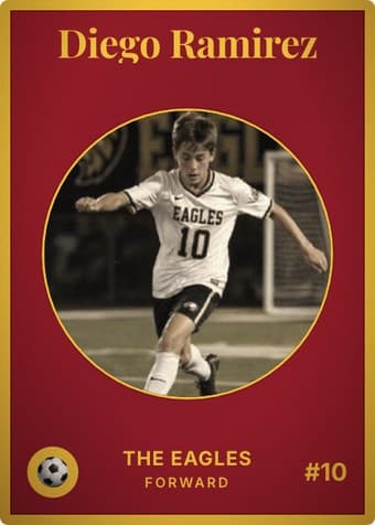 Soccer card in the Vintage Card design — an aged photo in a gold-ringed circular window on a deep crimson card, with the name in a serif face arched across the top
