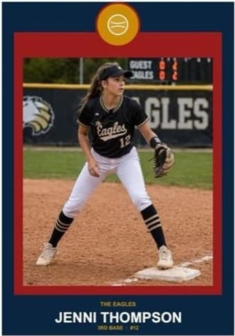 Softball card in the Circle Badge design — a round sport badge centered at the top, the photo in a bordered frame below, and the name and position centered underneath