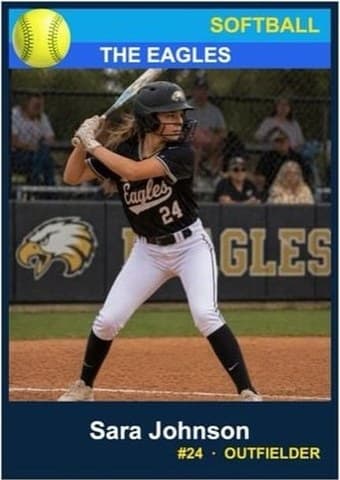 Softball card in the Classic design — a color banner across the top, the photo below it, and the name and details on a dark footer bar