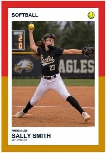 Softball card in the Split Halves design — a border split into two colors top and bottom, the photo centered between them, and the name and details on a white footer