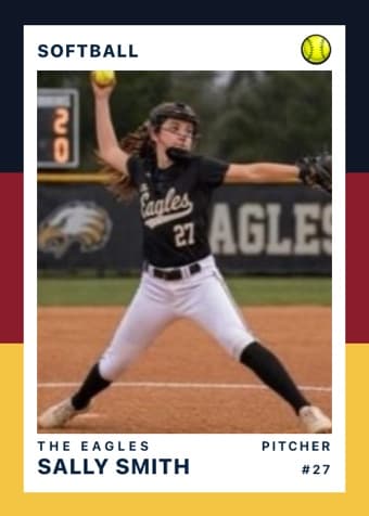 Softball card in the Triple Split design — three stacked color bands down the left edge, the photo on a white field, and the name and details across the footer