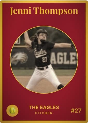 Softball card in the Vintage Card design — an aged photo in a gold-ringed circular window on a deep crimson card, with the name in a serif face arched across the top