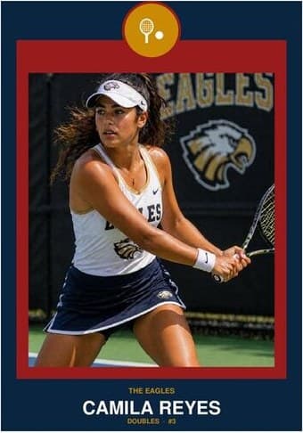 Tennis card in the Circle Badge design — a round sport badge centered at the top, the photo in a bordered frame below, and the name and position centered underneath