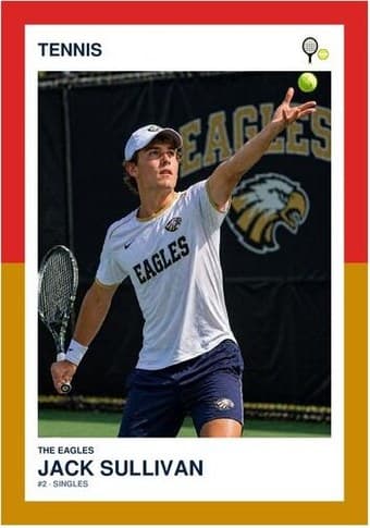 Tennis card in the Split Halves design — a border split into two colors top and bottom, the photo centered between them, and the name and details on a white footer