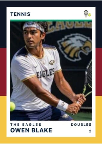 Tennis card in the Triple Split design — three stacked color bands down the left edge, the photo on a white field, and the name and details across the footer