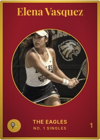 Tennis card in the Vintage Card design — an aged photo in a gold-ringed circular window on a deep crimson card, with the name in a serif face arched across the top