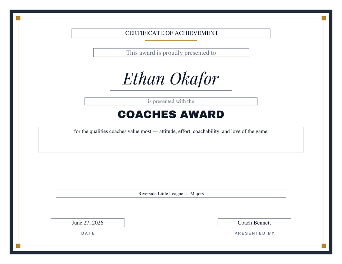 Coaches Award baseball certificate for Ethan Okafor in the Bold design, heavyweight charcoal frame with a gold hairline and square corners, italic serif name and block-capital title