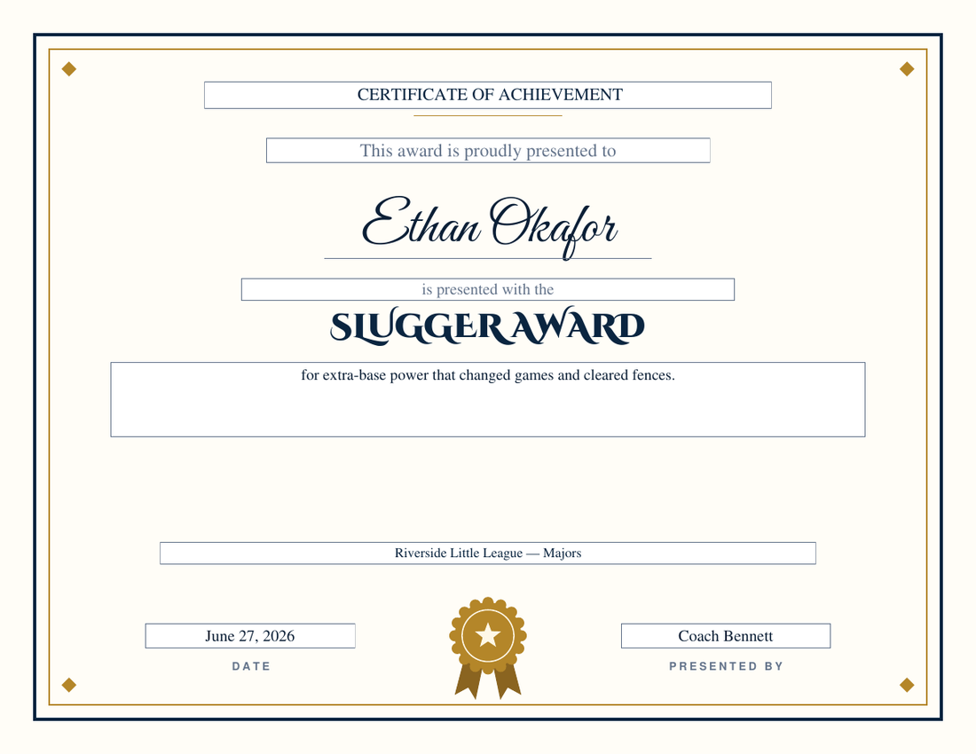 Slugger Award baseball certificate for Ethan Okafor on the Classic design, navy and gold double rule with diamond corners, gold rosette seal, decorative engraved capitals and script name