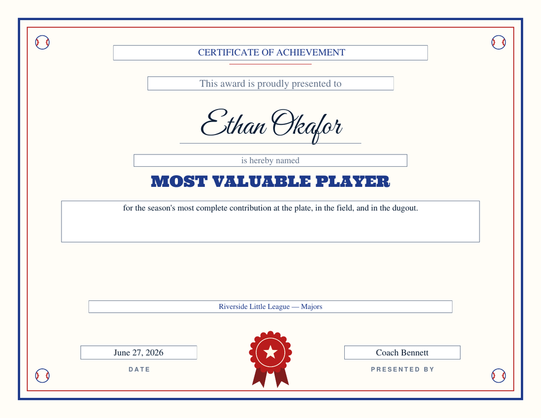 Most Valuable Player baseball certificate for Ethan Okafor on the Ballpark design, navy rule with red-stitched baseballs in the corners and a red rosette seal