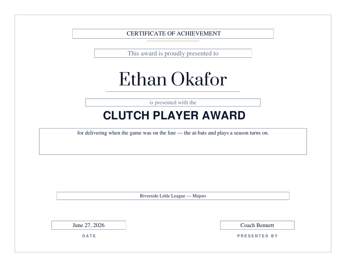 Clutch Player Award baseball certificate for Ethan Okafor on the Modern design, thin grey hairline frame with no seal, serif name and bold sans-serif title