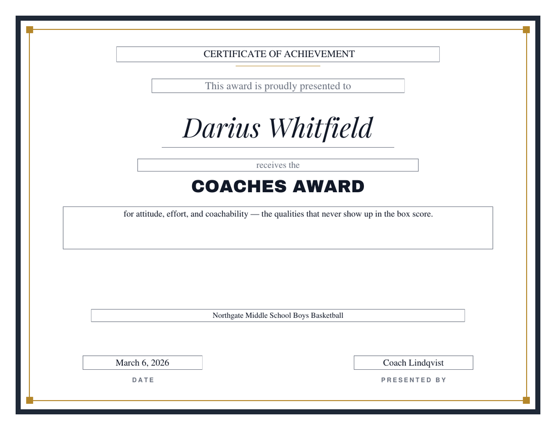 Coaches Award basketball certificate in the Bold design, thick charcoal frame with a gold hairline and square corners, italic serif name for Darius Whitfield and block-capital award title