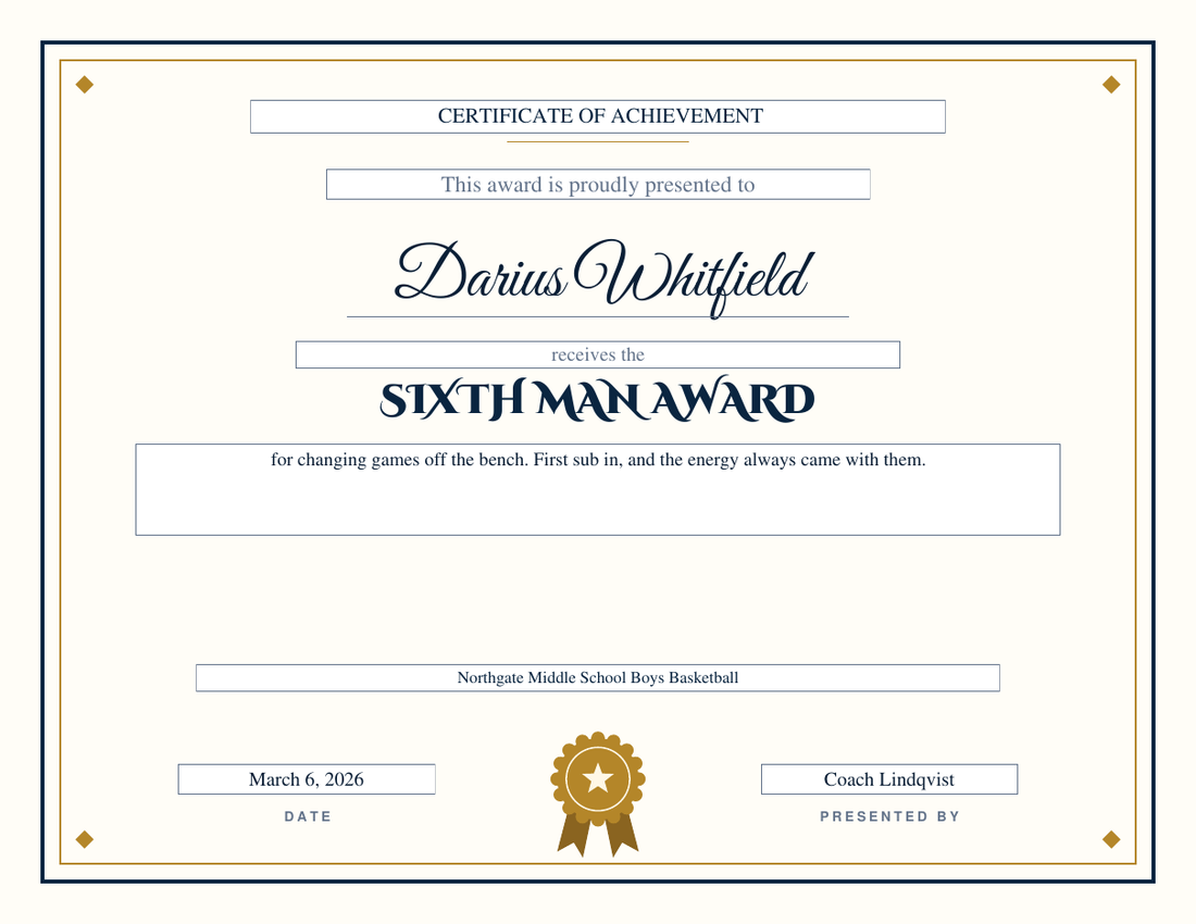 Sixth Man Award basketball certificate for Darius Whitfield on the Classic design, navy and gold double rule with diamond corners, gold rosette seal, script name and engraved-style capitals
