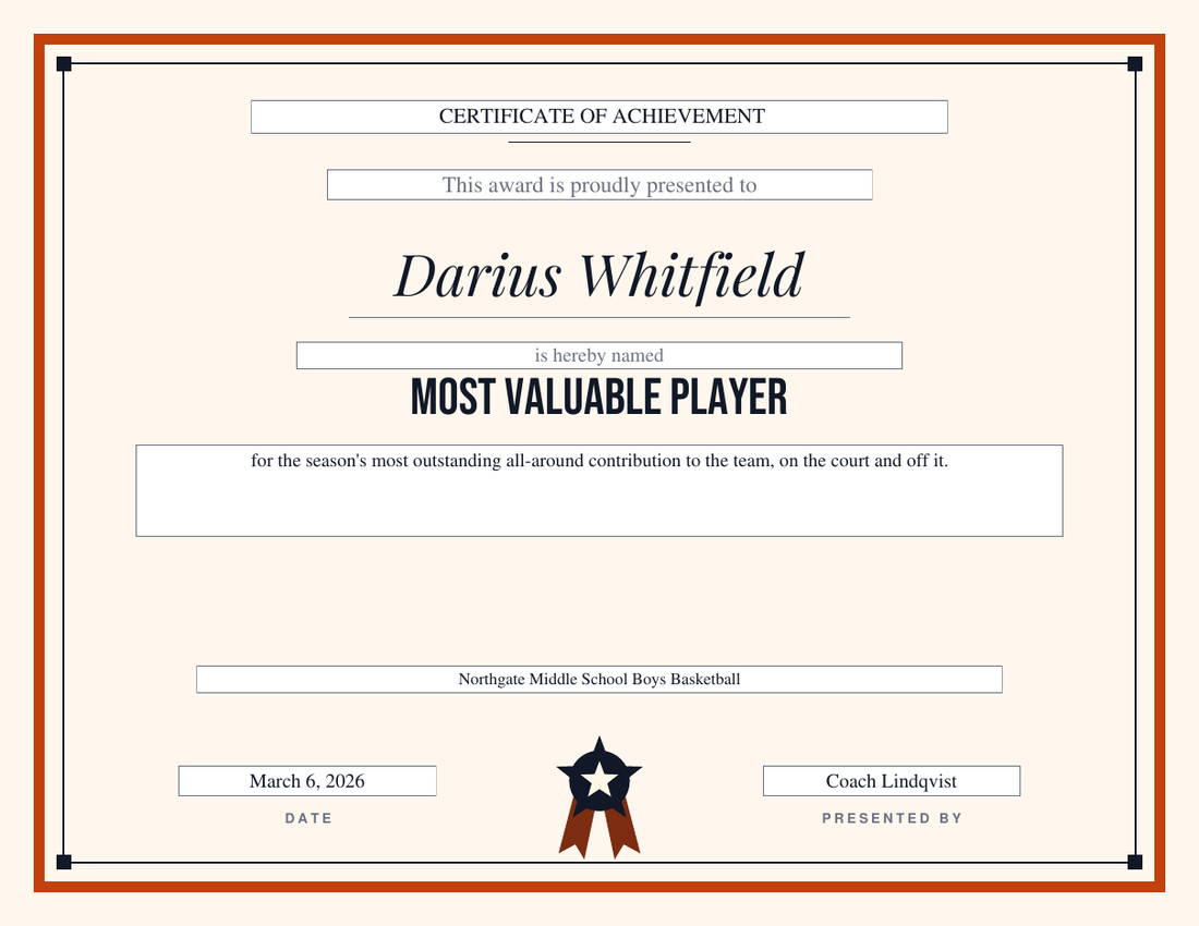 Landscape basketball award certificate naming Darius Whitfield Most Valuable Player on the Hardwood design: court-orange heavyweight frame on a warm cream page, black condensed title, italic serif name, black and orange star badge, Northgate Middle School Boys Basketball