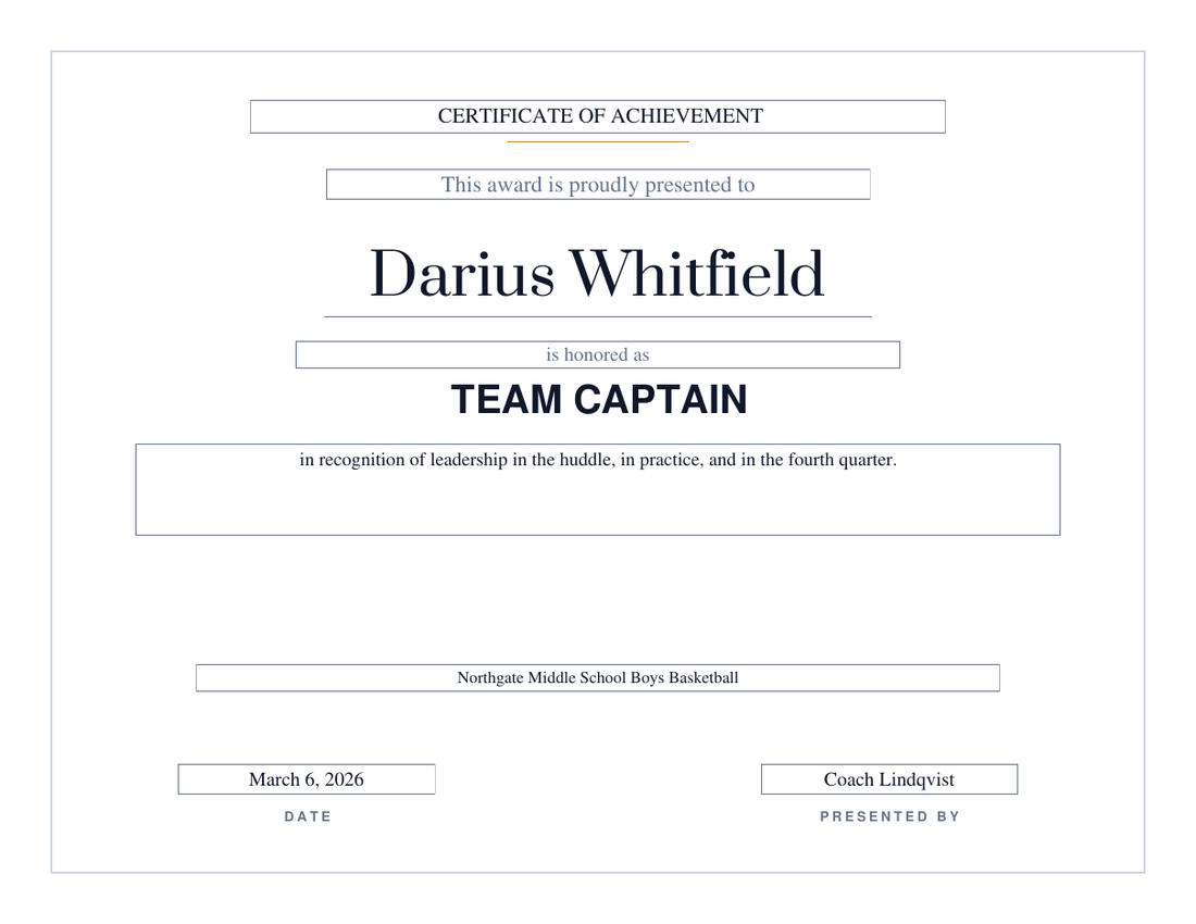 Team Captain basketball certificate on the Modern design, thin grey hairline frame with no seal, serif name for Darius Whitfield and a bold sans-serif award title