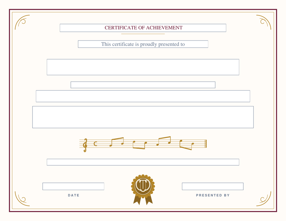 Blank award certificate on the Concert design: burgundy and gold frame with filigree corners, an engraved music staff with a treble clef and notes, and a gold lyre medallion, empty fillable fields