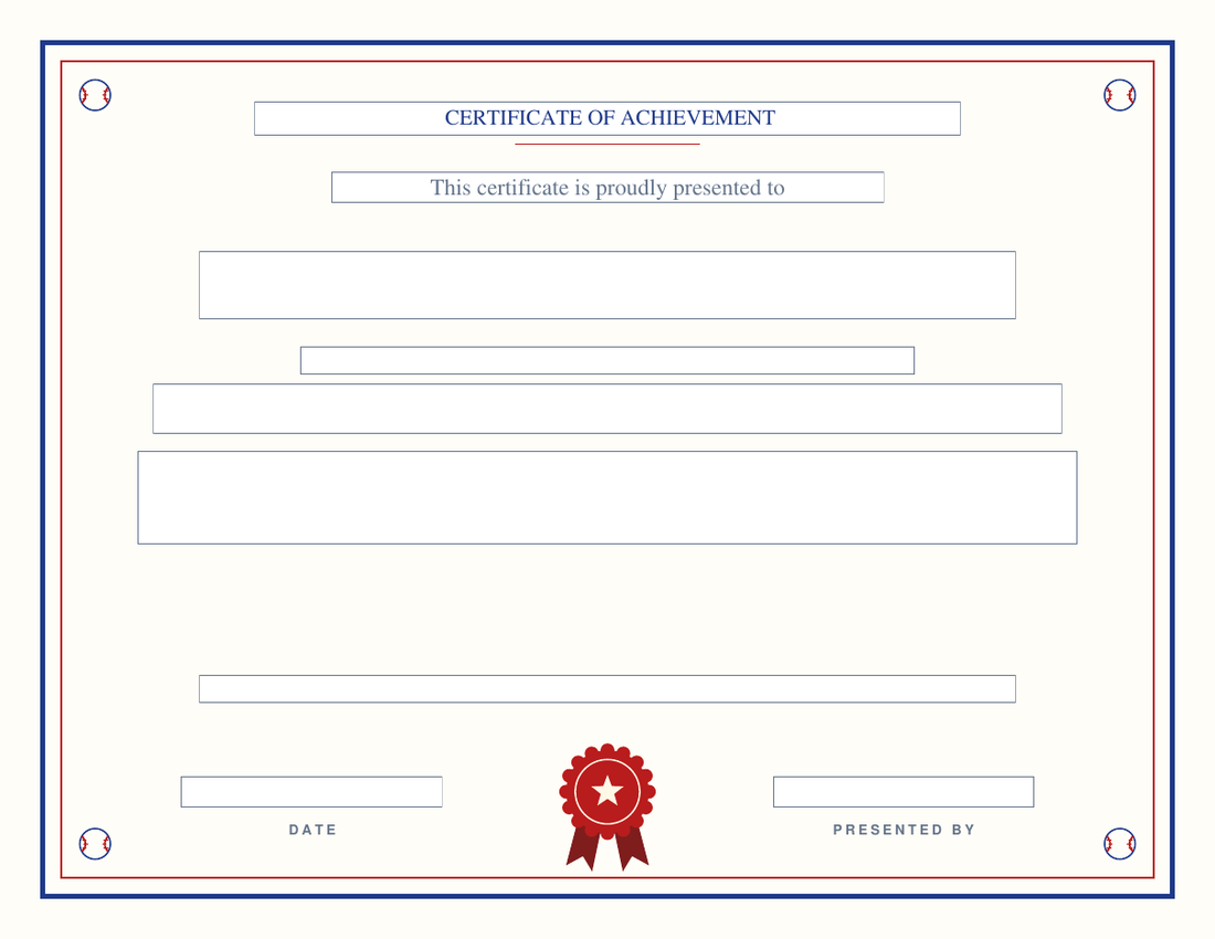 Blank award certificate on the Ballpark design: navy rule with red-stitched white baseballs in the corners and a red rosette seal on cream, empty fillable fields