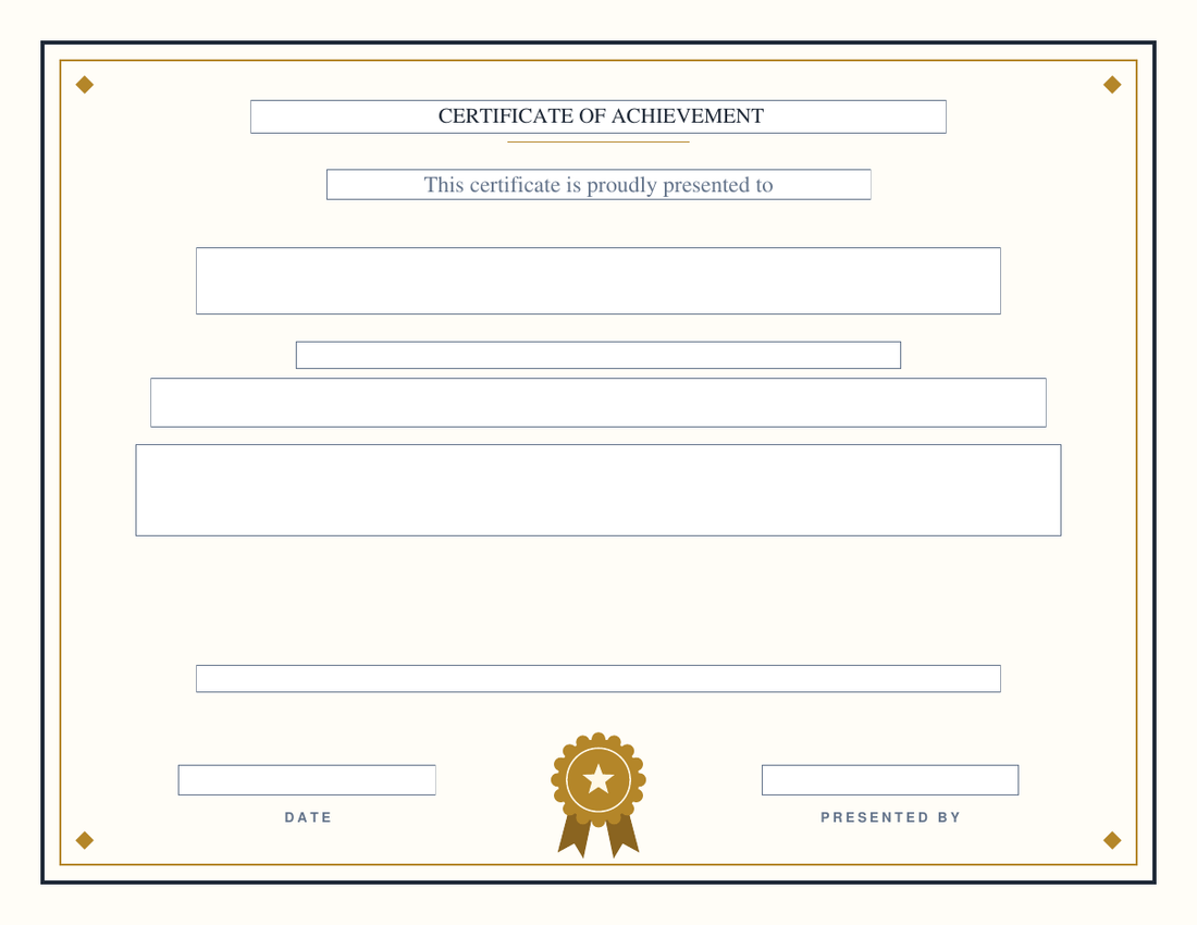 Blank award certificate on the Executive design: charcoal double border with gold diamond corners and a gold rosette seal on cream, empty fillable fields