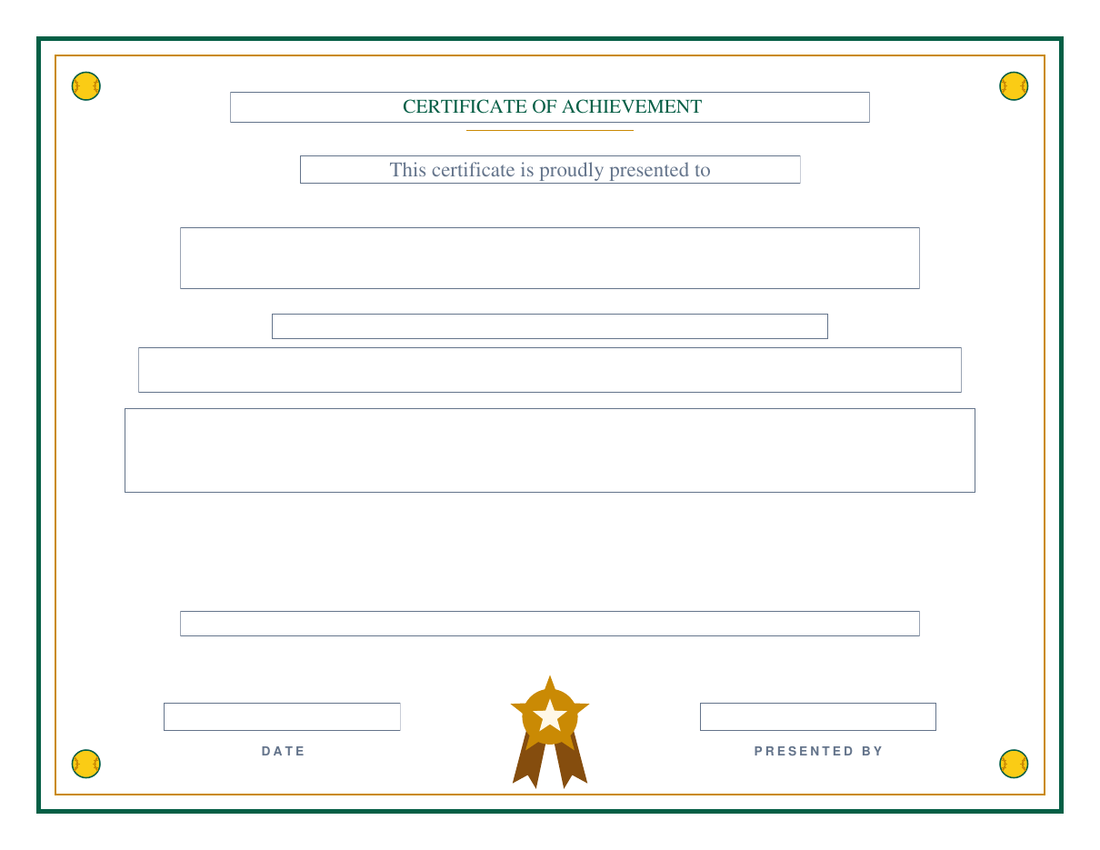 Blank award certificate on the Fastpitch design: emerald rule with optic-yellow stitched softballs in the corners and a gold star badge, empty fillable fields