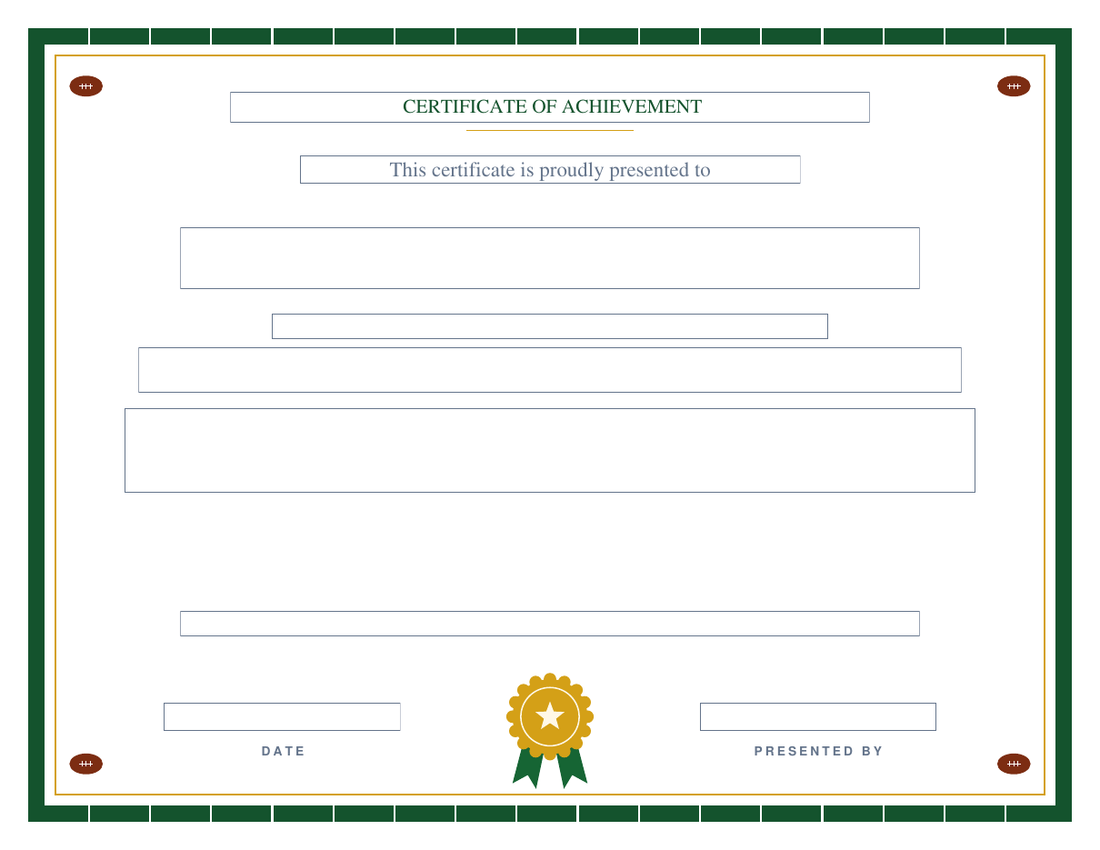 Blank award certificate on the Gridiron design: thick field-green band with white yard ticks and corner footballs, gold inner rule and rosette seal, empty fillable fields