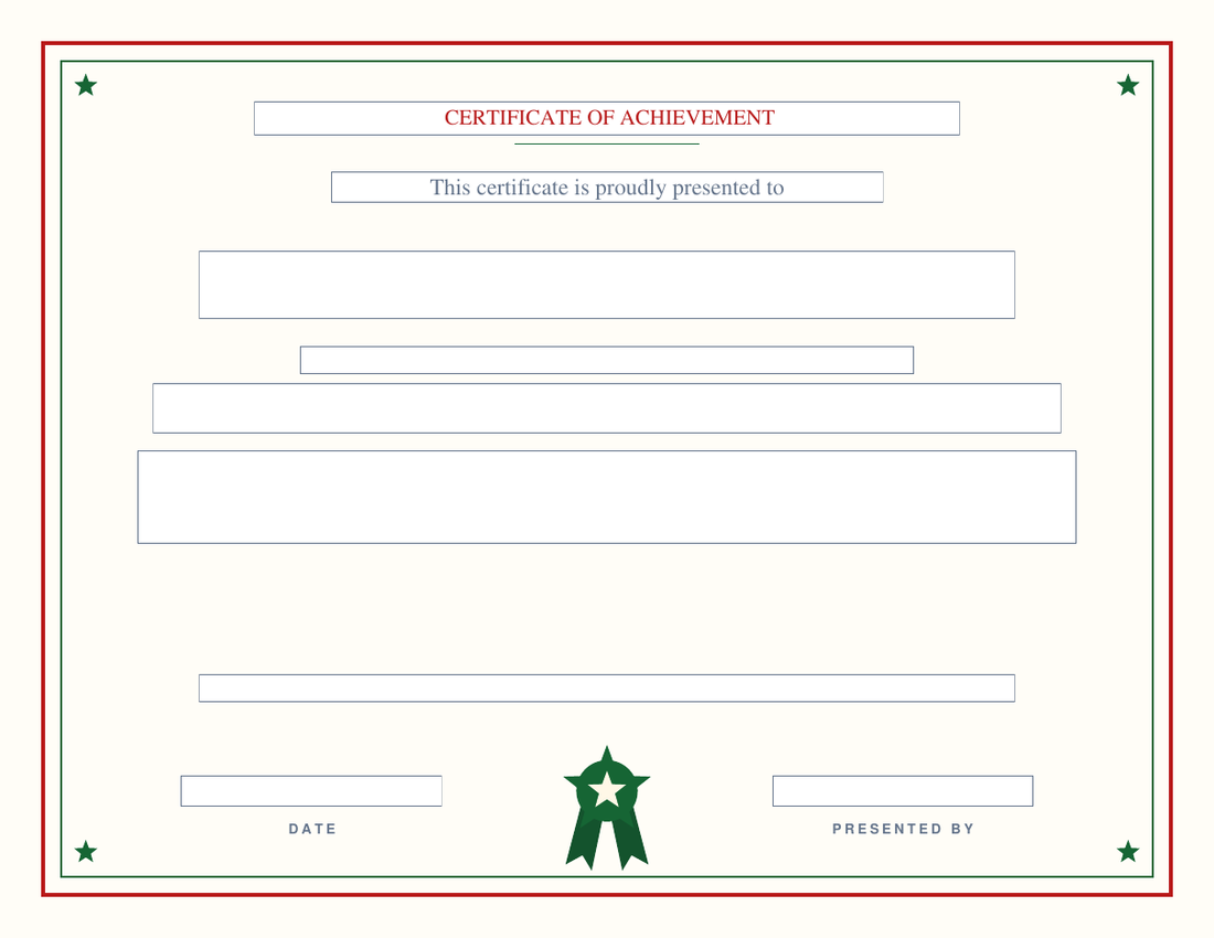 Blank award certificate on the Holly design: cranberry-red frame with a holly-green inner rule, green corner stars and a green star badge, empty fillable fields