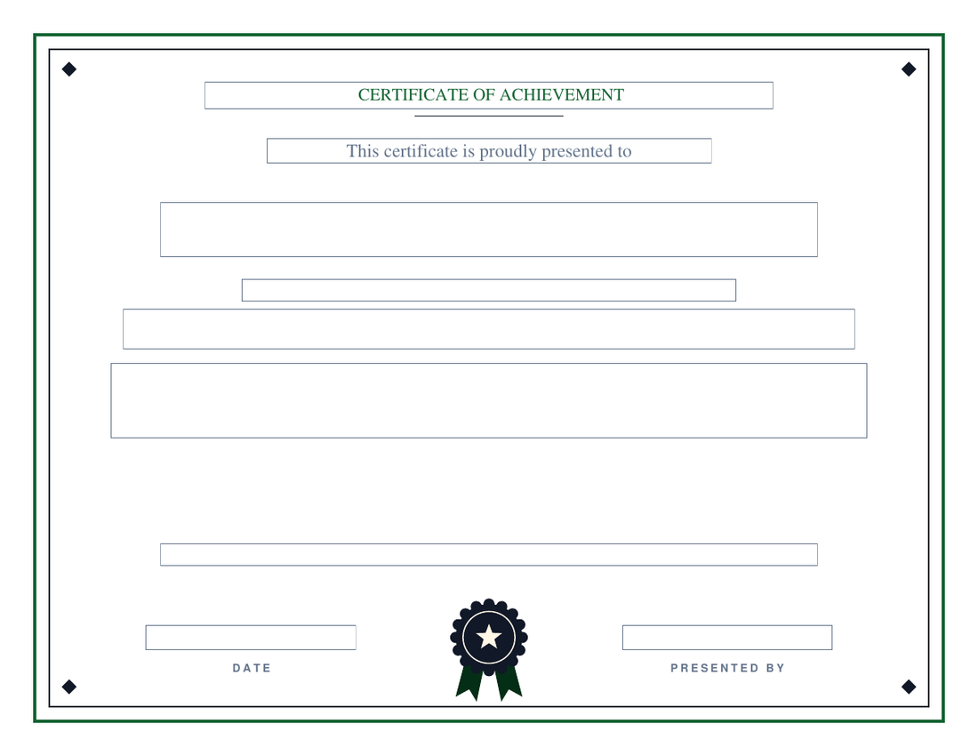 Blank award certificate on the Pitch design: pitch-green double border with black diamond corners and a black and green rosette seal, empty fillable fields