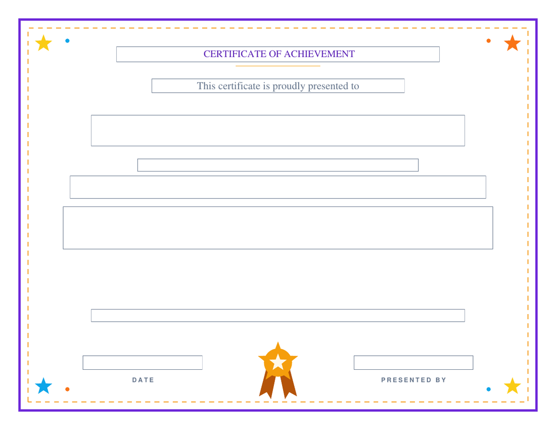 Blank award certificate on the Spotlight design: violet frame with a dashed gold inner rule, confetti stars in the corners and a gold star badge, empty fillable fields