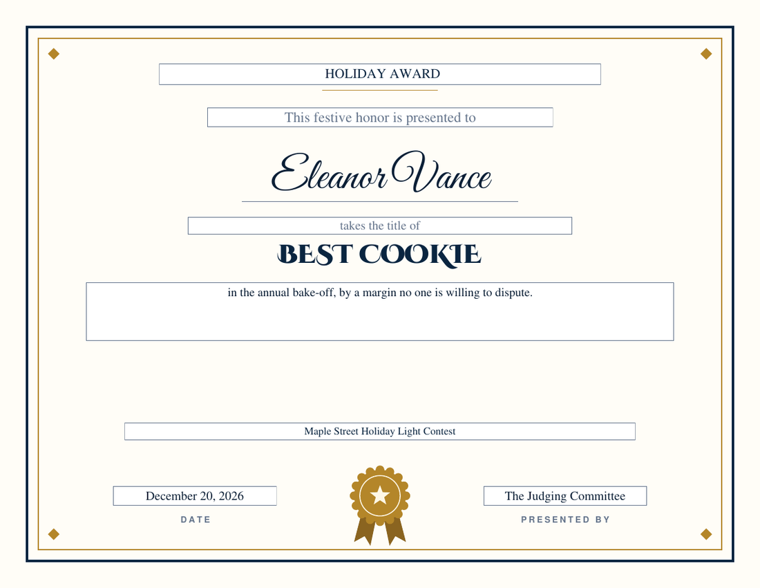 Best Cookie holiday award certificate for Eleanor Vance on the Classic design, navy and gold double rule with diamond corners, gold rosette seal, script name and decorative engraved capitals