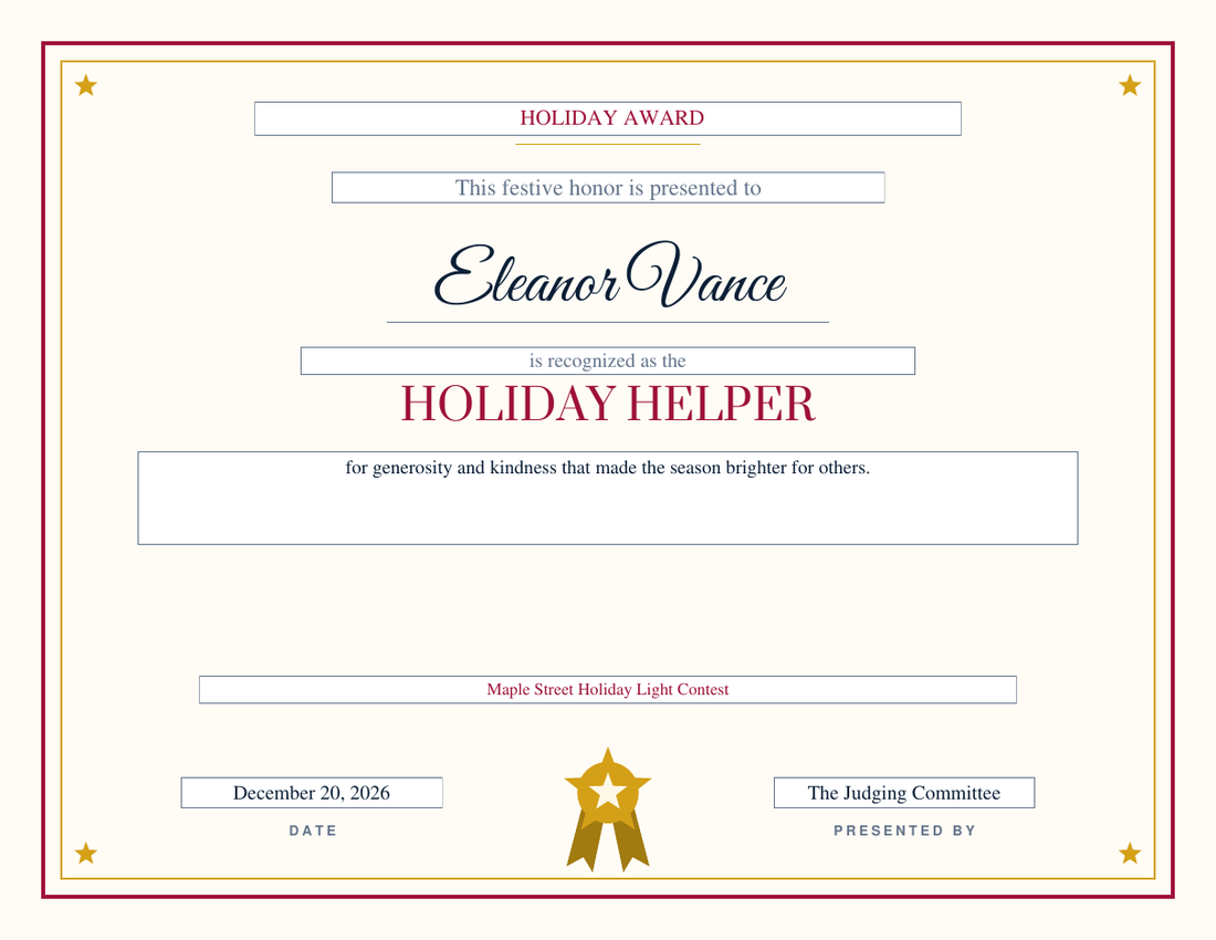 Holiday Helper certificate on the Gold Star design, crimson frame with a gold inner rule and star corners, big gold star badge, serif red title and script name for Eleanor Vance