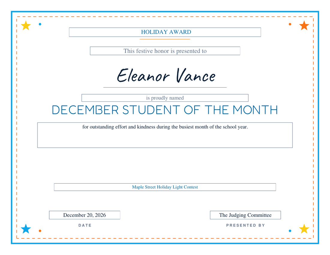 December Student of the Month certificate on the Playful design, sky-blue frame with an orange dashed inner rule and colored corner stars, rounded blue title lettering and handwritten-style name