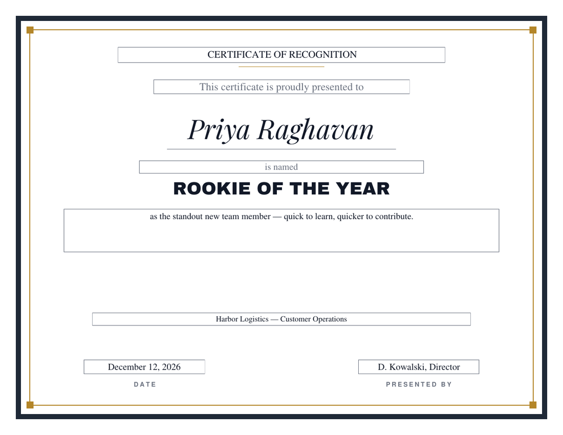 Rookie of the Year employee certificate in the Bold design, heavyweight charcoal frame with a gold hairline and square corners, italic serif name and block-capital title