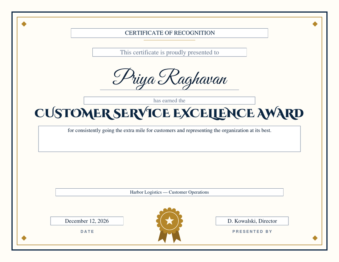 Customer Service Excellence Award certificate for Priya Raghavan on the Classic design, navy and gold double rule, gold rosette, script name and decorative engraved capitals