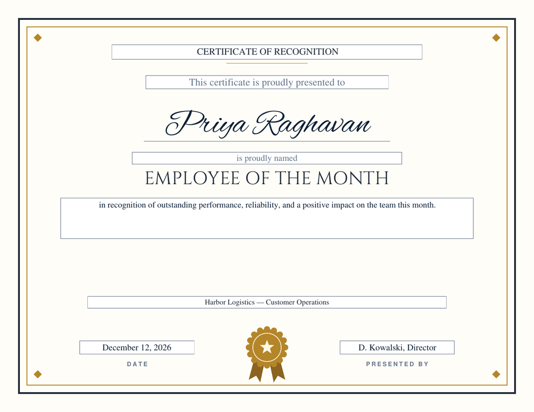 Landscape employee recognition certificate naming Priya Raghavan Employee of the Month on the Executive design: charcoal double border with gold diamond corners, gold rosette seal, engraved capitals for the award title, flowing script name, Certificate of Recognition wordmark, Harbor Logistics department line, date and Presented By fields