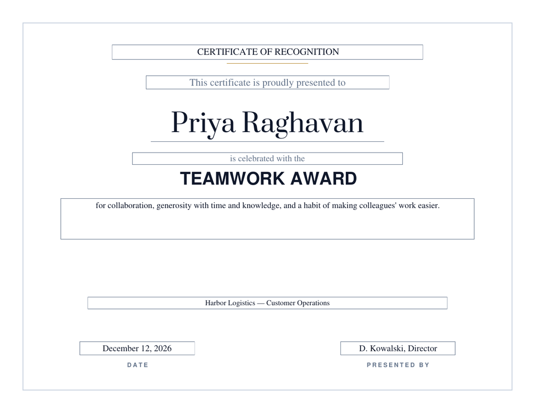 Teamwork Award employee certificate on the Modern design, thin grey hairline frame with no seal, serif name for Priya Raghavan and a bold sans-serif title
