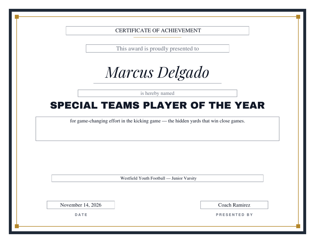 Special Teams Player of the Year certificate for Marcus Delgado in the Bold design, heavyweight charcoal frame with a gold hairline and square corners, italic serif name and block-capital title