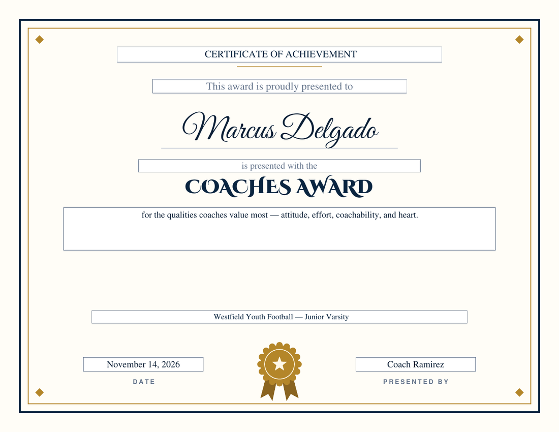 Coaches Award football certificate for Marcus Delgado on the Classic design, navy and gold double rule with diamond corners, gold rosette seal, decorative engraved capitals and script name